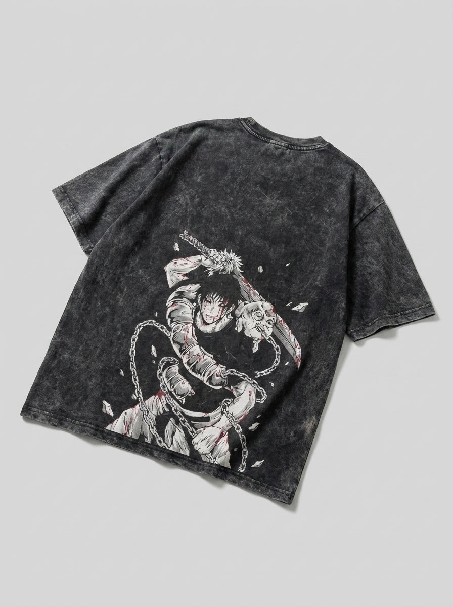Vintage Washable T-Shirt - Streetwear Anime Graphic angle perspective shot — vintage washed cotton t-shirt | Tempus Arc premium anime streetwear