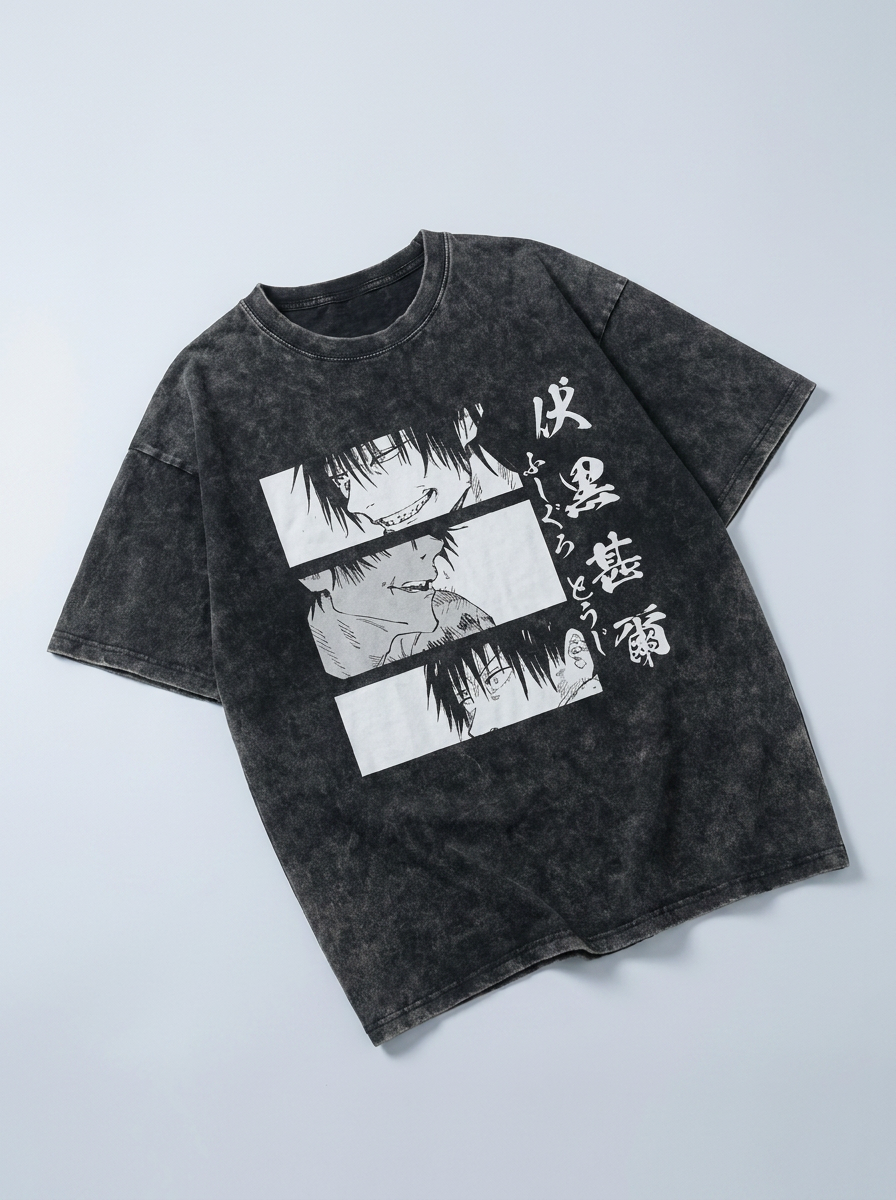 Vintage Washable T-Shirt - Streetwear Anime Graphic angle perspective shot — vintage washed cotton t-shirt | Tempus Arc premium anime streetwear