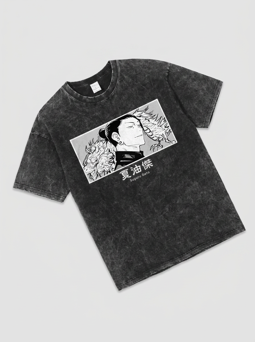 Vintage Washable T-Shirt - Streetwear Anime Graphic angle perspective shot — vintage washed cotton t-shirt | Tempus Arc premium anime streetwear