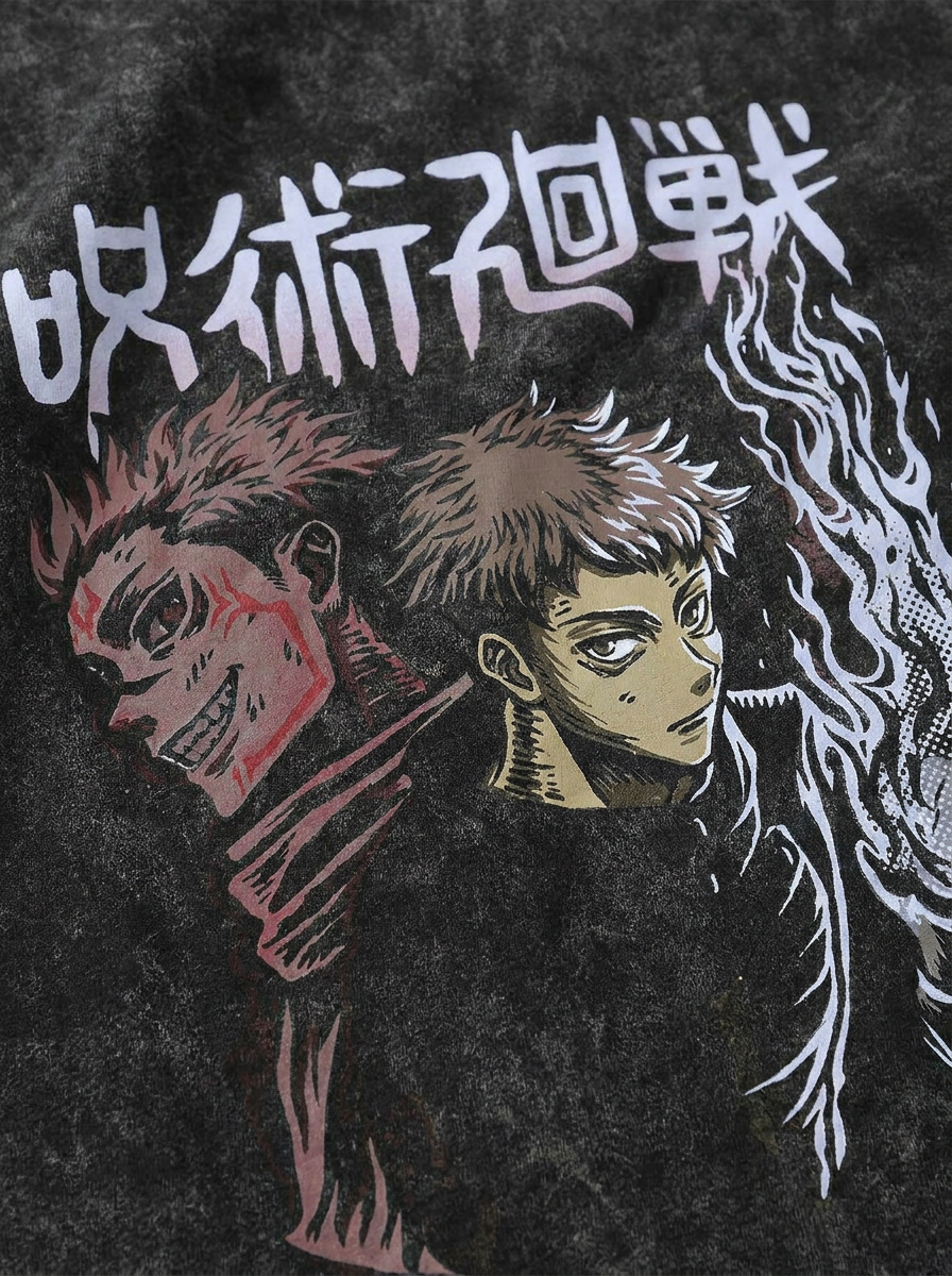 Vintage Washable T-Shirt - Streetwear Anime Graphic print detail close-up — vintage washed mineral cotton | Tempus Arc premium anime streetwear