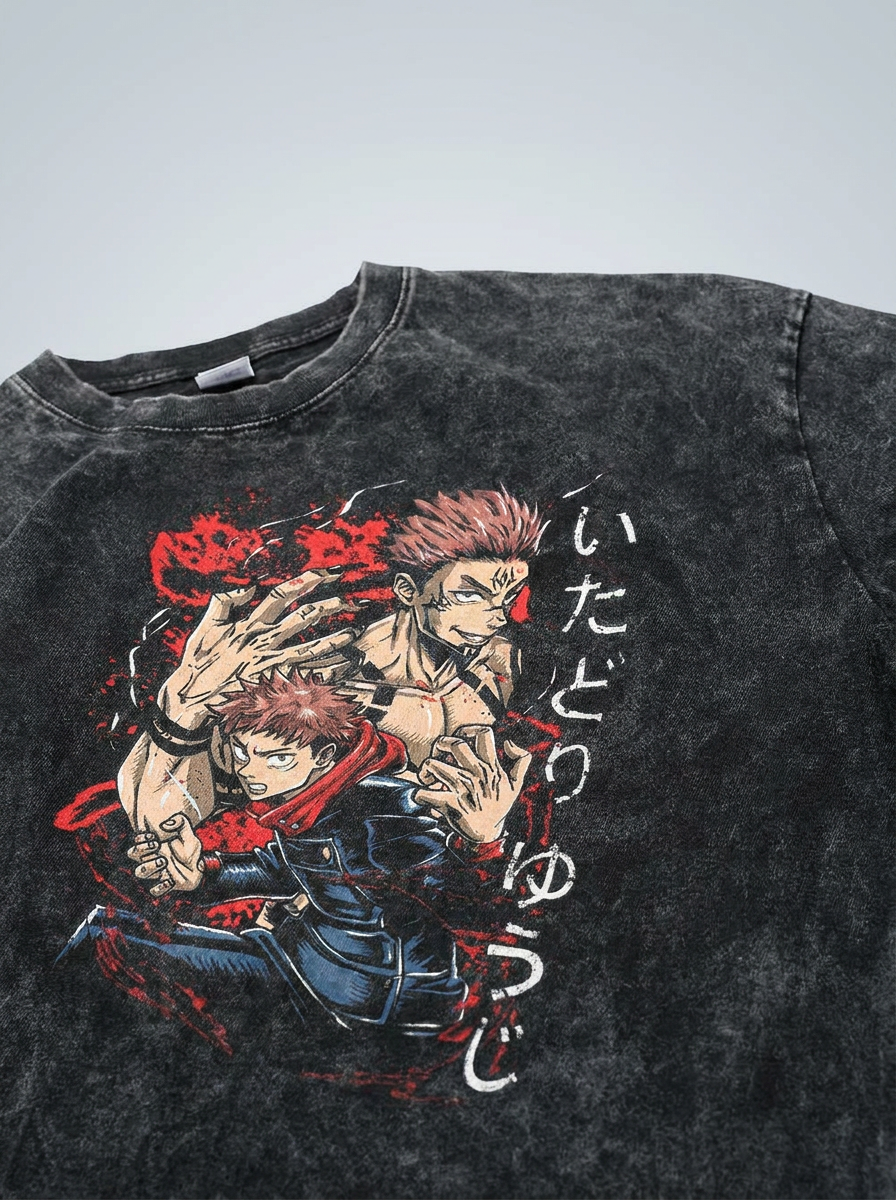 Vintage Washable T-Shirt - Streetwear Anime Graphic print detail close-up — vintage washed mineral cotton | Tempus Arc premium anime streetwear