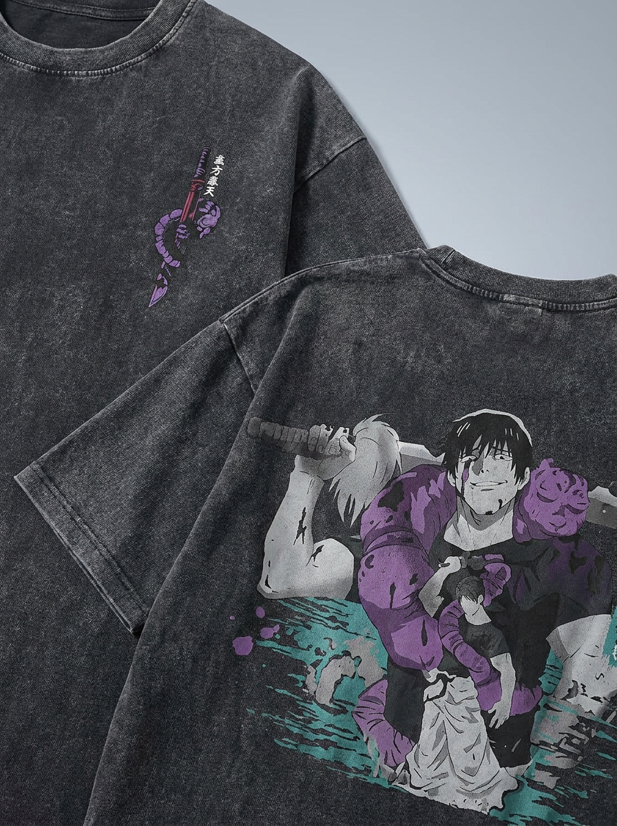 Vintage Washable T-Shirt - Streetwear Anime Graphic print detail close-up — vintage washed mineral cotton | Tempus Arc premium anime streetwear