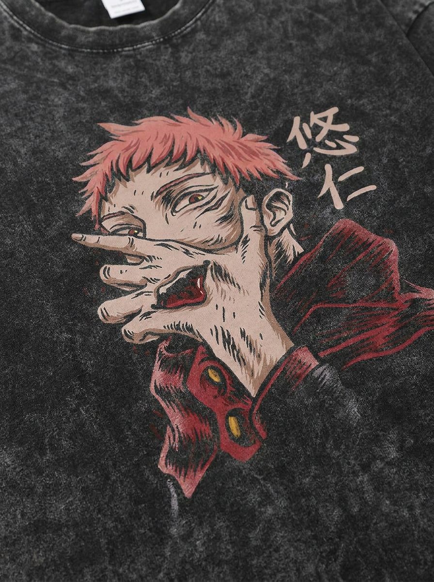 Vintage Washable T-Shirt - Streetwear Anime Graphic print detail close-up — vintage washed mineral cotton | Tempus Arc premium anime streetwear