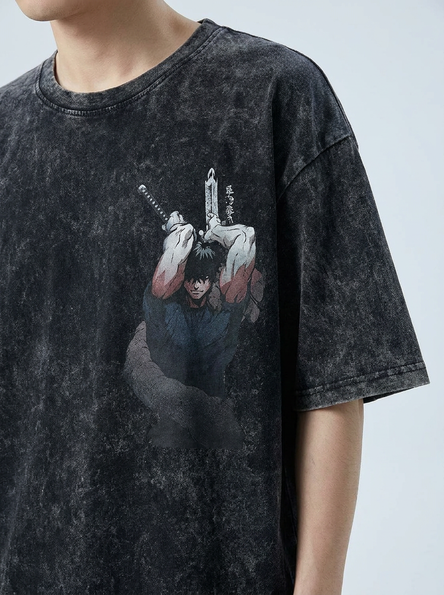 Vintage Washable T-Shirt - Streetwear Anime Graphic print detail close-up — vintage washed mineral cotton | Tempus Arc premium anime streetwear