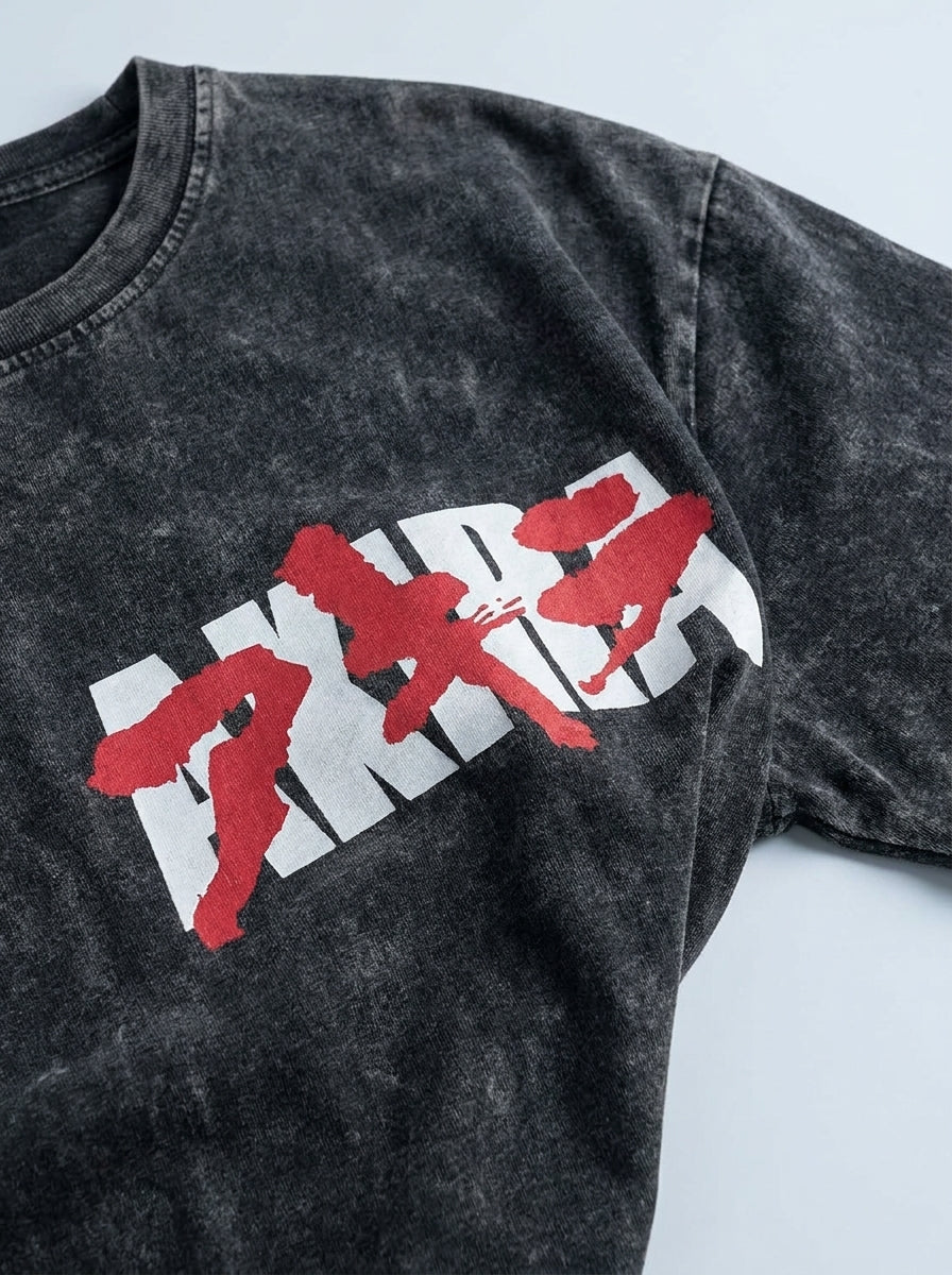Vintage Washable T-Shirt - Streetwear Anime Graphic print detail close-up — vintage washed mineral cotton | Tempus Arc premium anime streetwear