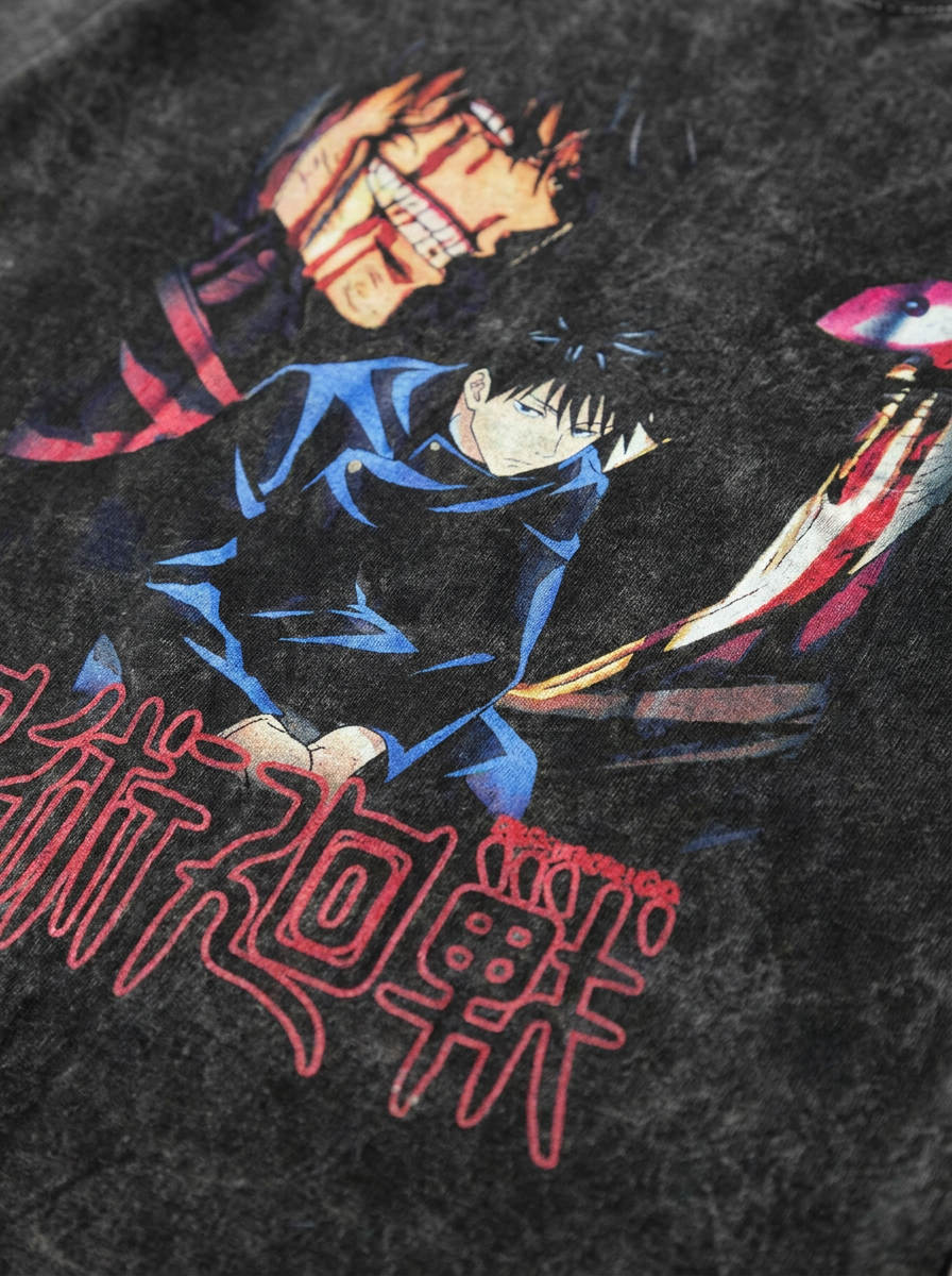Vintage Washable T-Shirt - Streetwear Anime Graphic print detail close-up — vintage washed mineral cotton | Tempus Arc premium anime streetwear