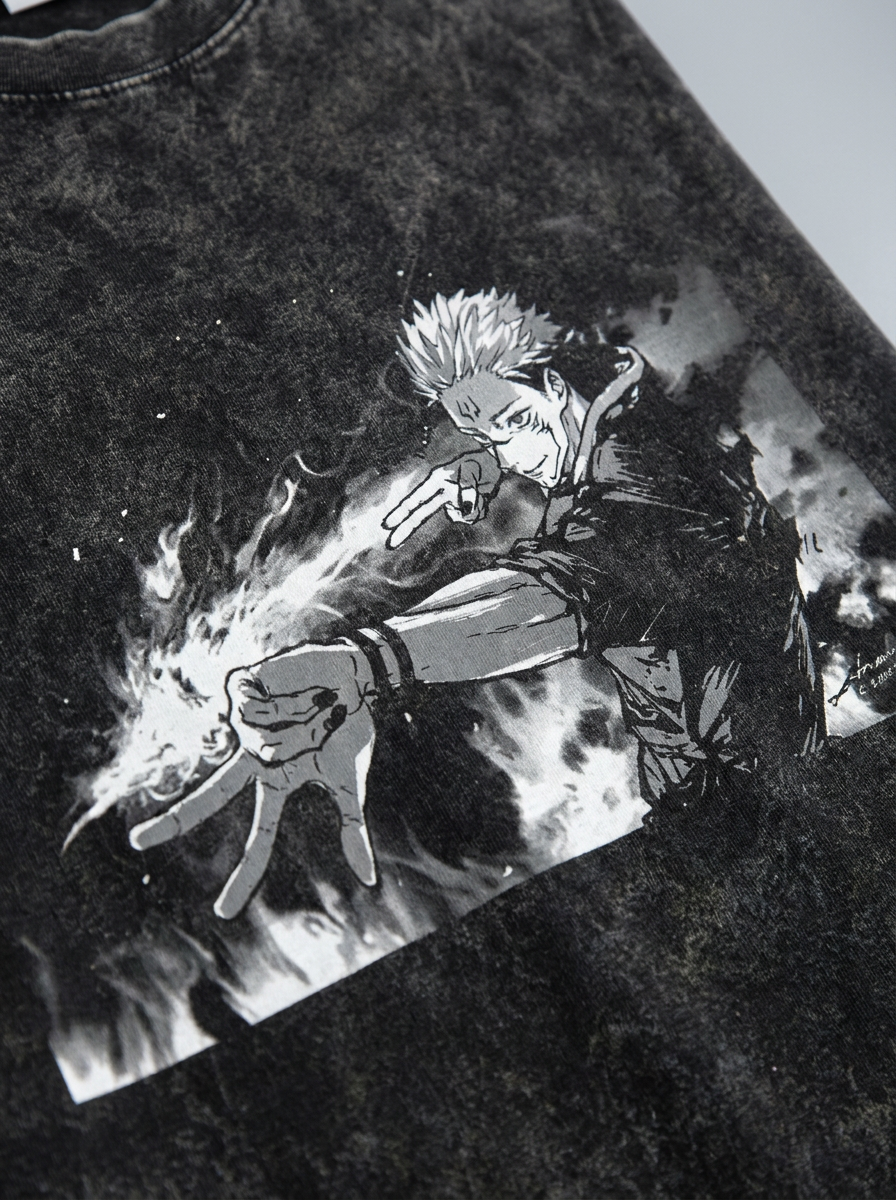 Vintage Washable T-Shirt - Streetwear Anime Graphic print detail close-up — vintage washed mineral cotton | Tempus Arc premium anime streetwear