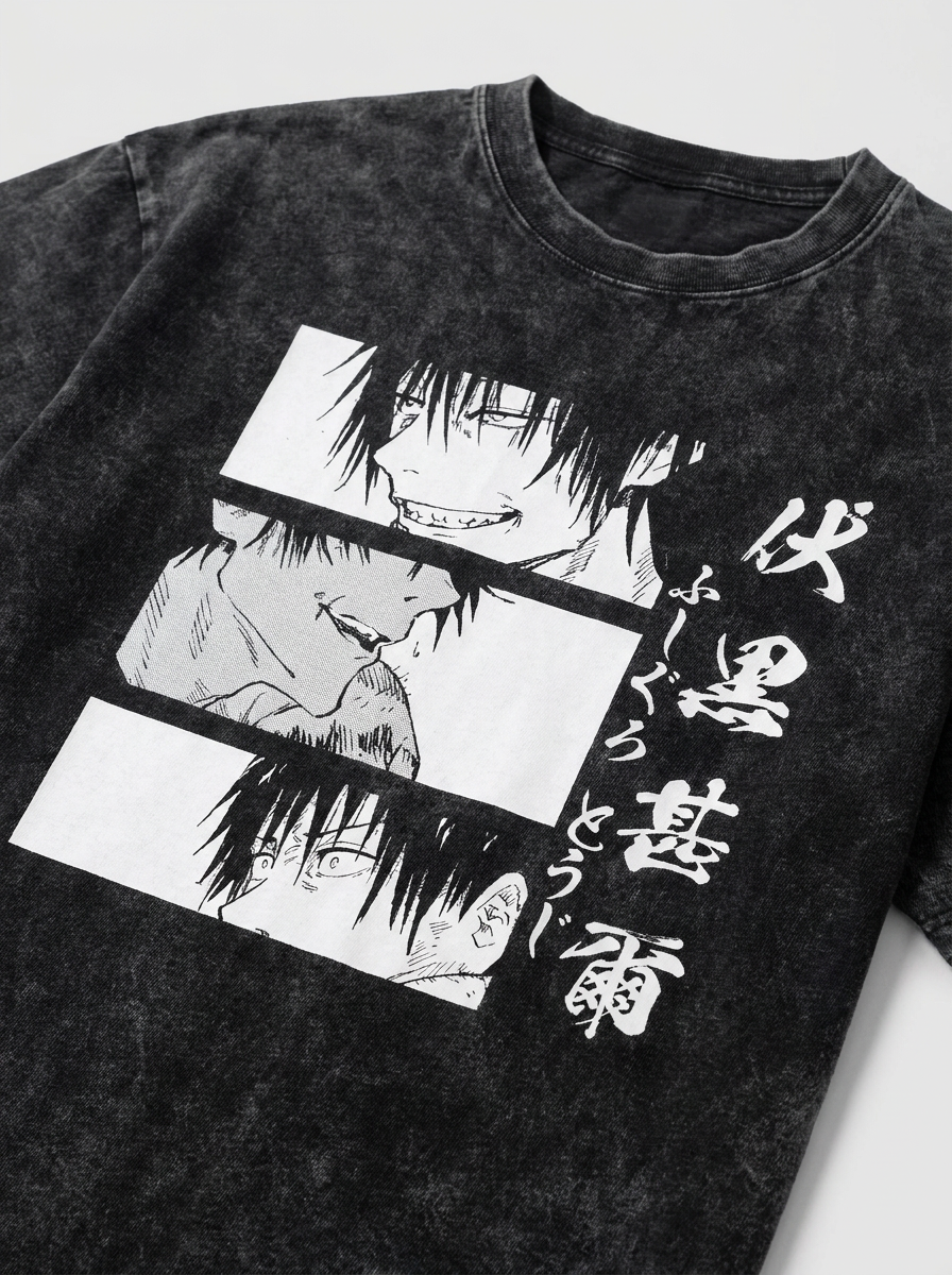 Vintage Washable T-Shirt - Streetwear Anime Graphic print detail close-up — vintage washed mineral cotton | Tempus Arc premium anime streetwear
