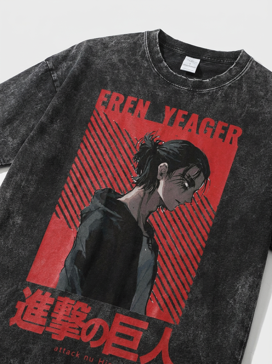 Vintage Washable T-Shirt - Streetwear Anime Graphic print detail close-up — vintage washed mineral cotton | Tempus Arc premium anime streetwear