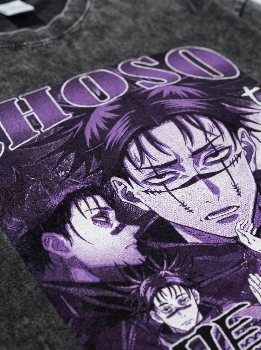 Vintage Washable T-Shirt - Streetwear Anime Graphic print detail close-up — vintage washed mineral cotton | Tempus Arc premium anime streetwear