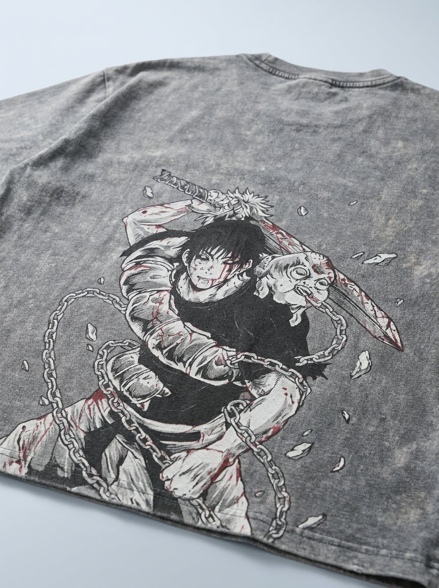 Vintage Washable T-Shirt - Streetwear Anime Graphic print detail close-up — vintage washed mineral cotton | Tempus Arc premium anime streetwear