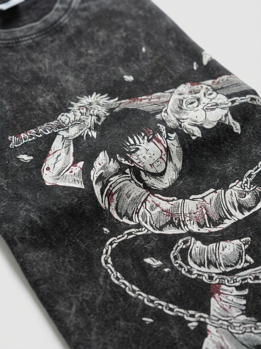 Vintage Washable T-Shirt - Streetwear Anime Graphic print detail close-up — vintage washed mineral cotton | Tempus Arc premium anime streetwear