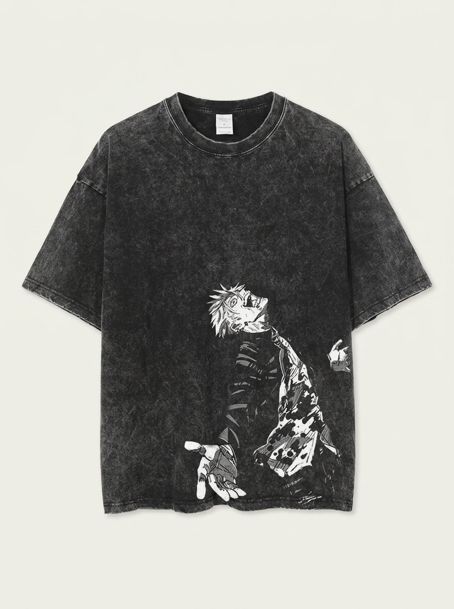 Vintage Washable T-Shirt - Streetwear Anime Graphic flat lay front view — washed black oversized t-shirt | Tempus Arc premium anime streetwear