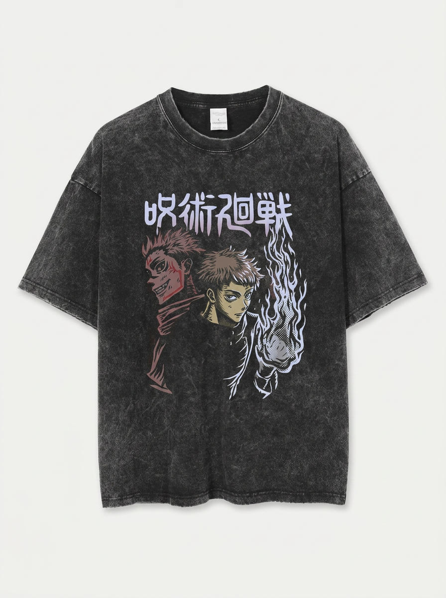 Vintage Washable T-Shirt - Streetwear Anime Graphic flat lay front view — washed black oversized t-shirt | Tempus Arc premium anime streetwear