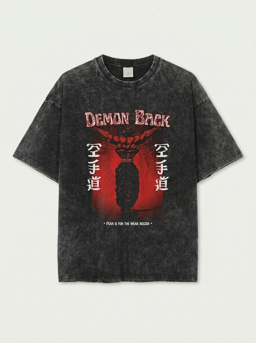 Vintage Washable T-Shirt - Streetwear Anime Graphic flat lay front view — washed black oversized t-shirt | Tempus Arc premium anime streetwear