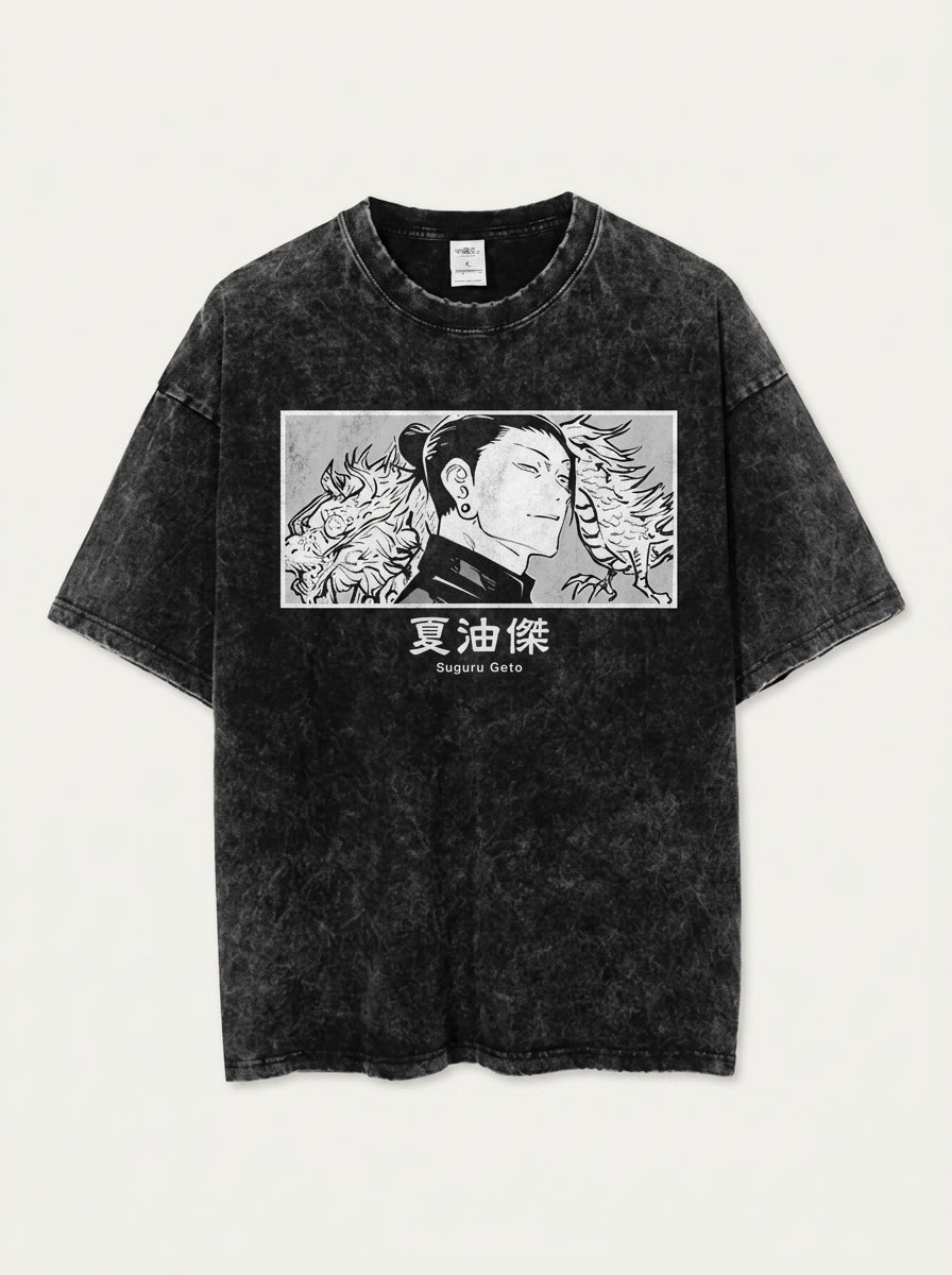 Vintage Washable T-Shirt - Streetwear Anime Graphic flat lay front view — washed black oversized t-shirt | Tempus Arc premium anime streetwear