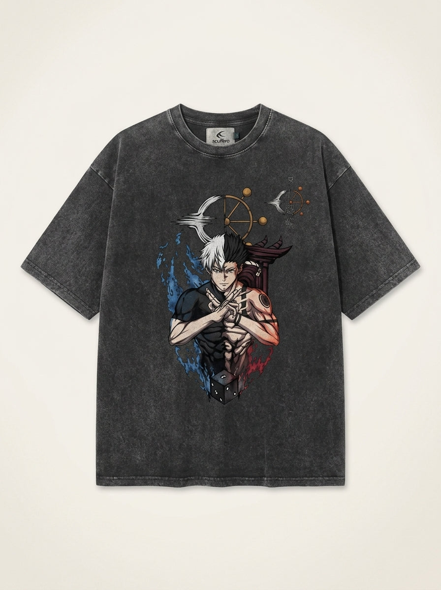 Vintage Washable T-Shirt - Streetwear Anime Graphic flat lay front view — washed black oversized t-shirt | Tempus Arc premium anime streetwear