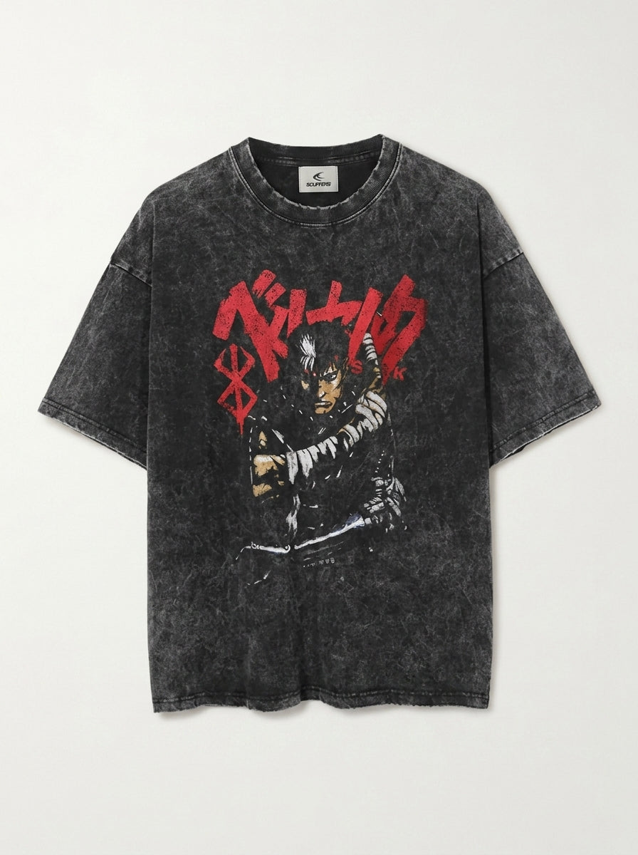 Vintage Washable T-Shirt - Streetwear Anime Graphic flat lay front view — washed black oversized t-shirt | Tempus Arc premium anime streetwear