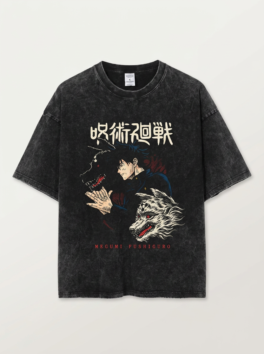 Vintage Washable T-Shirt - Streetwear Anime Graphic flat lay front view — washed black oversized t-shirt | Tempus Arc premium anime streetwear
