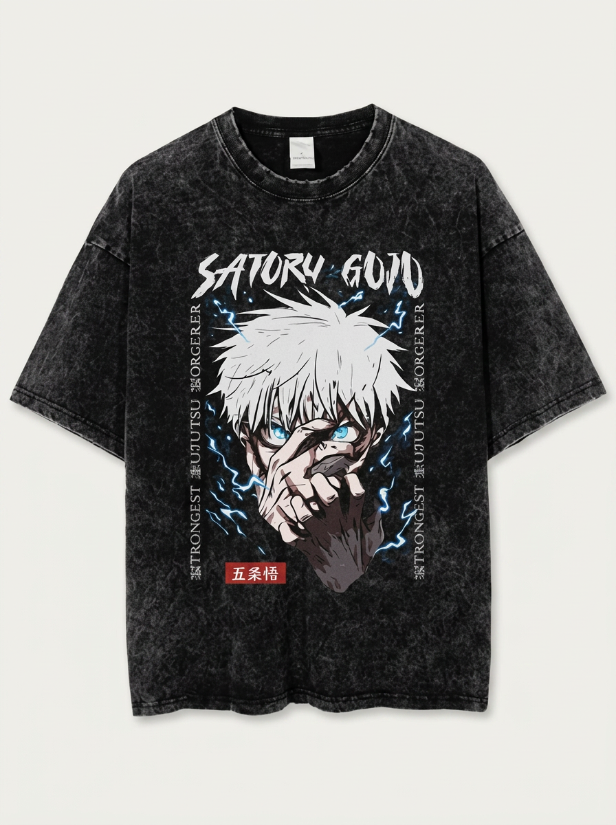 Vintage Washable T-Shirt - Streetwear Anime Graphic flat lay front view — washed black oversized t-shirt | Tempus Arc premium anime streetwear