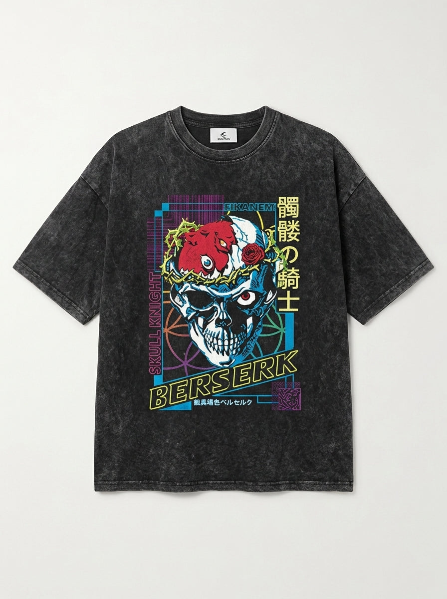 Vintage Washable T-Shirt - Streetwear Anime Graphic flat lay front view — washed black oversized t-shirt | Tempus Arc premium anime streetwear