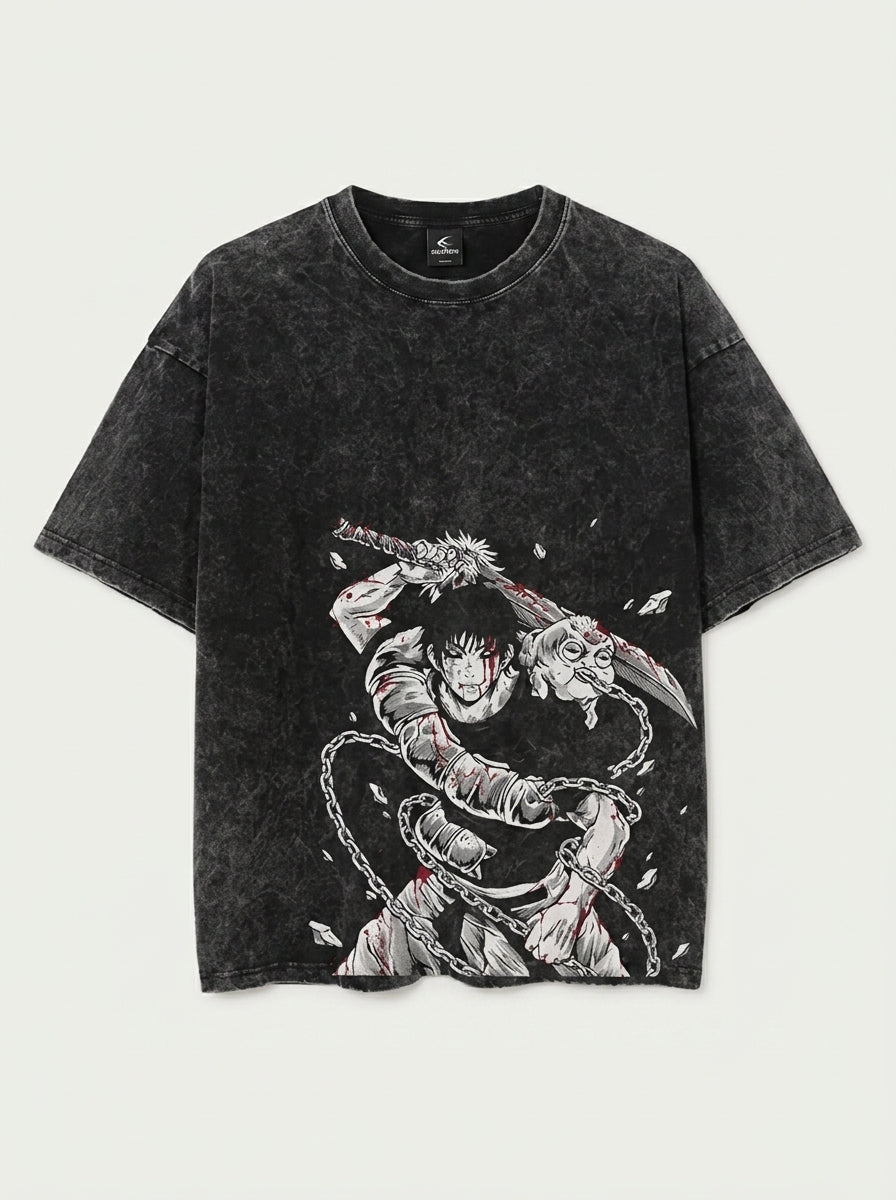 Vintage Washable T-Shirt - Streetwear Anime Graphic flat lay front view — washed black oversized t-shirt | Tempus Arc premium anime streetwear