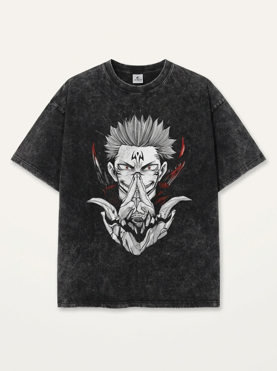 Vintage Washable T-Shirt - Streetwear Anime Graphic flat lay front view — washed black oversized t-shirt | Tempus Arc premium anime streetwear