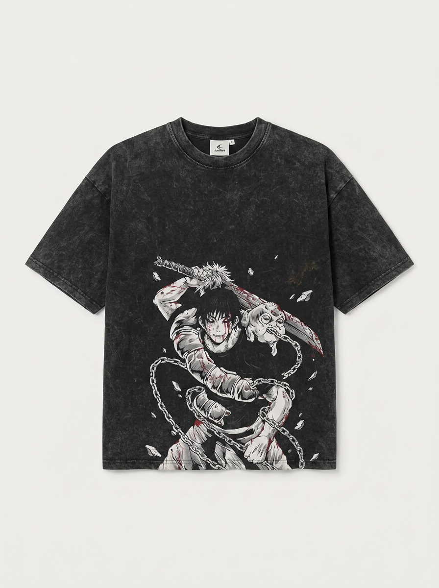 Vintage Washable T-Shirt - Streetwear Anime Graphic flat lay front view — washed black oversized t-shirt | Tempus Arc premium anime streetwear