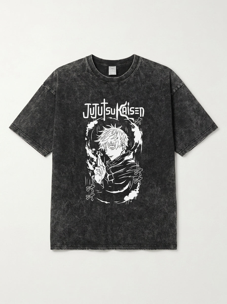 Vintage Washable T-Shirt - Streetwear Anime Graphic flat lay front view — washed black oversized t-shirt | Tempus Arc premium anime streetwear