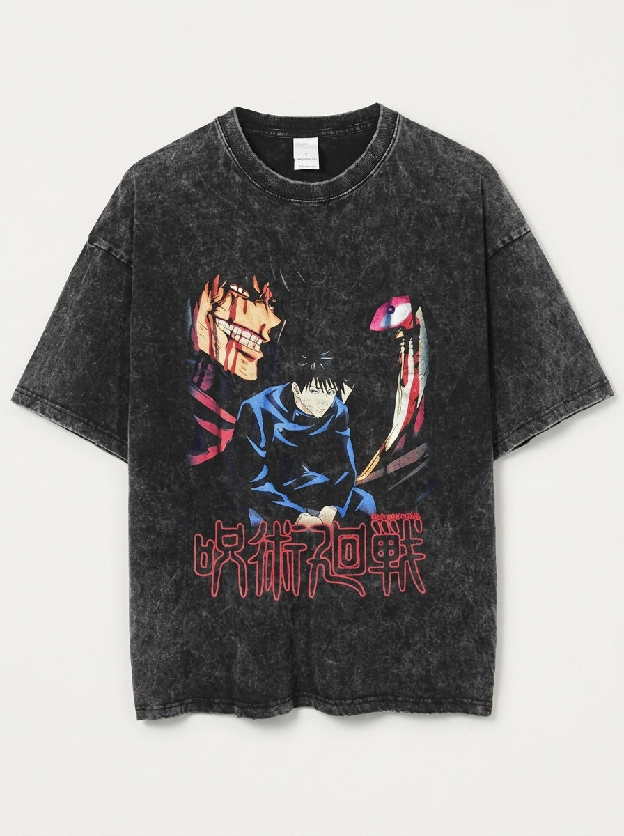 Vintage Washable T-Shirt - Streetwear Anime Graphic flat lay front view — washed black oversized t-shirt | Tempus Arc premium anime streetwear