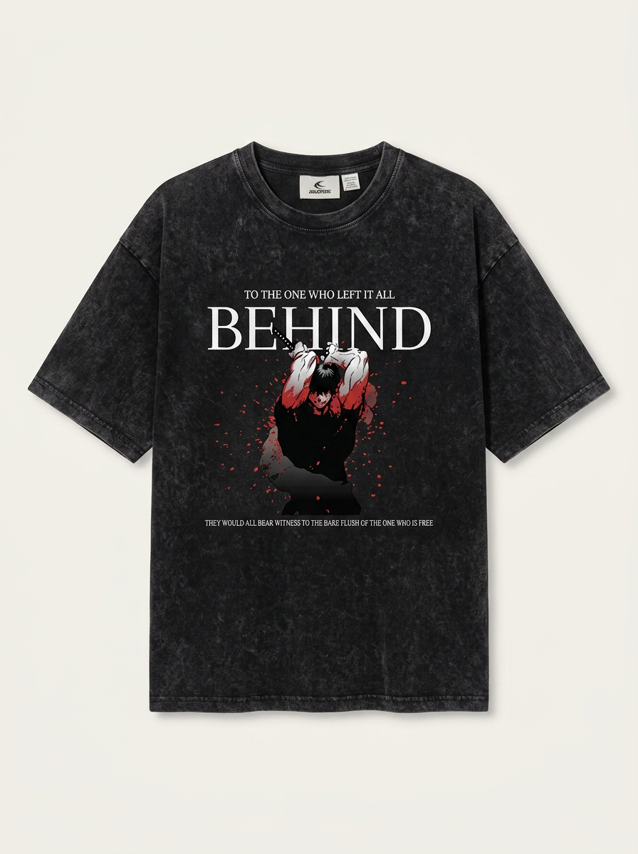 Vintage Washable T-Shirt - Streetwear Anime Graphic flat lay front view — washed black oversized t-shirt | Tempus Arc premium anime streetwear