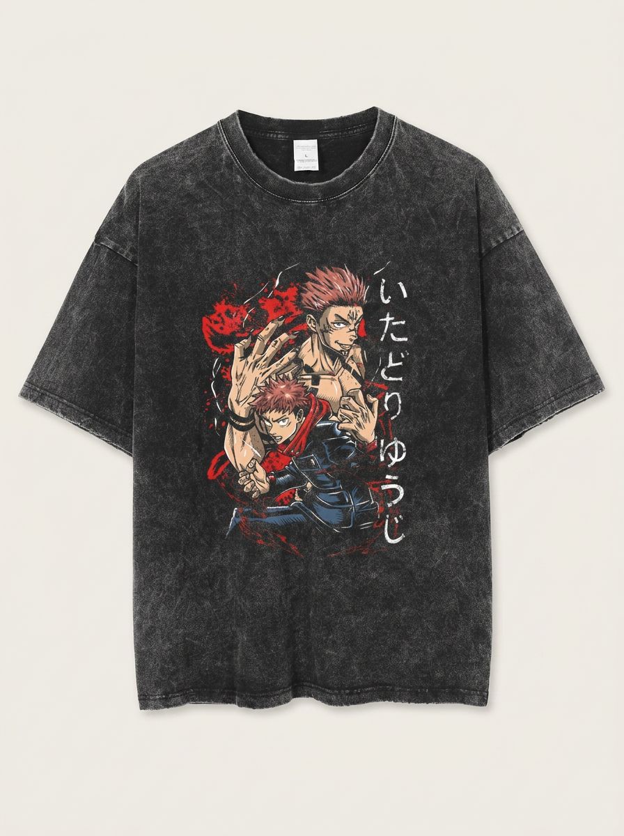 Vintage Washable T-Shirt - Streetwear Anime Graphic flat lay front view — washed black oversized t-shirt | Tempus Arc premium anime streetwear