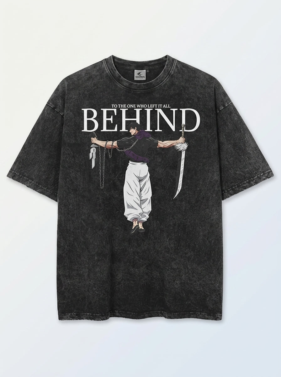 Vintage Washable T-Shirt - Streetwear Anime Graphic flat lay front view — washed black oversized t-shirt | Tempus Arc premium anime streetwear