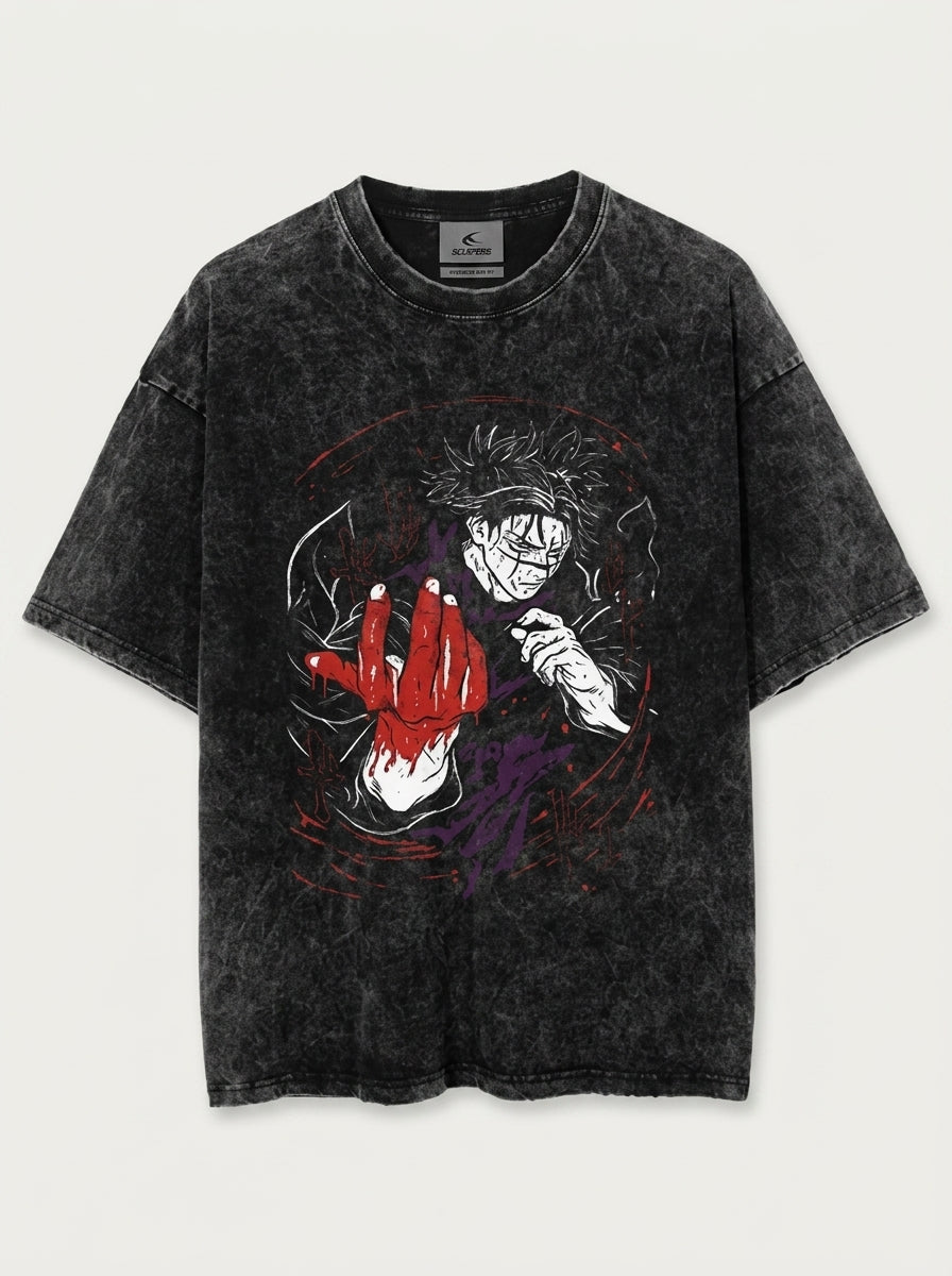 Vintage Washable T-Shirt - Streetwear Anime Graphic flat lay front view — washed black oversized t-shirt | Tempus Arc premium anime streetwear