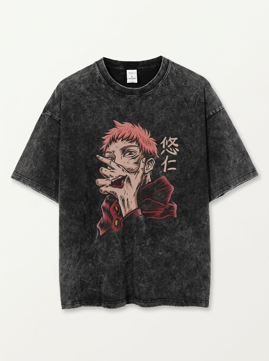Vintage Washable T-Shirt - Streetwear Anime Graphic flat lay front view — washed black oversized t-shirt | Tempus Arc premium anime streetwear