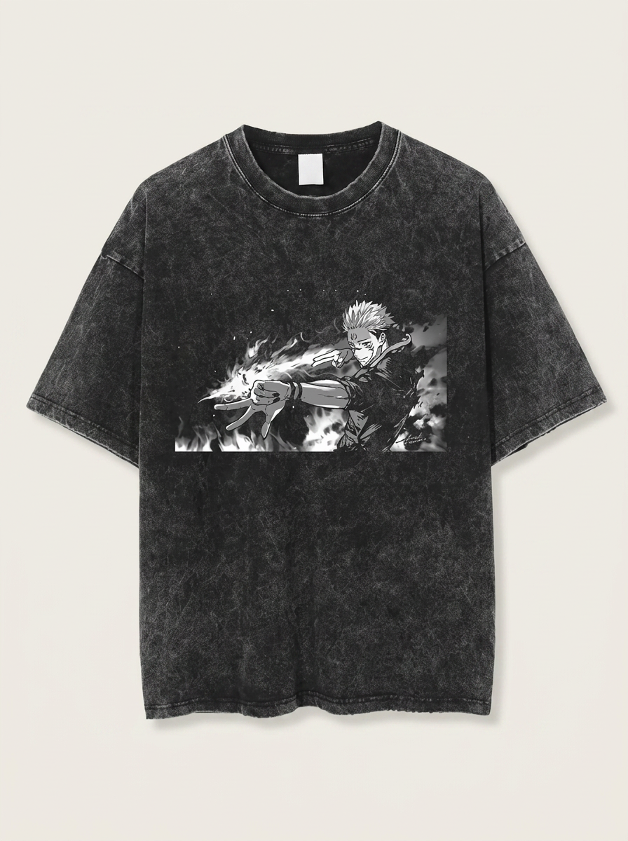 Vintage Washable T-Shirt - Streetwear Anime Graphic flat lay front view — washed black oversized t-shirt | Tempus Arc premium anime streetwear