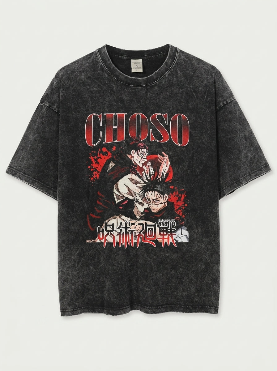 Vintage Washable T-Shirt - Streetwear Anime Graphic flat lay front view — washed black oversized t-shirt | Tempus Arc premium anime streetwear