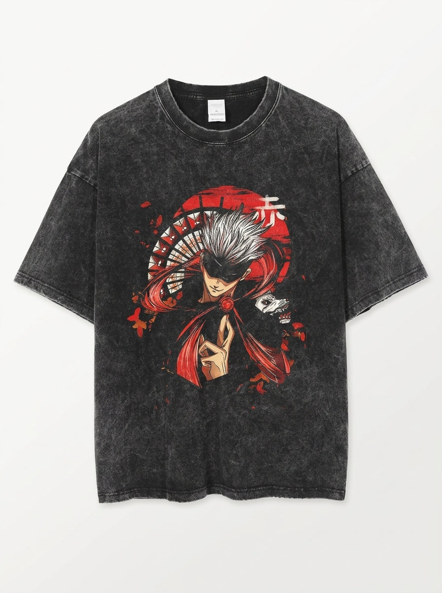 Vintage Washable T-Shirt - Streetwear Anime Graphic flat lay front view — washed black oversized t-shirt | Tempus Arc premium anime streetwear