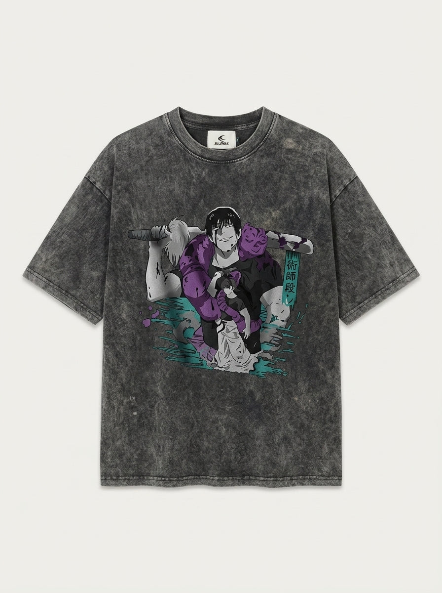 Vintage Washable T-Shirt - Streetwear Anime Graphic flat lay front view — washed black oversized t-shirt | Tempus Arc premium anime streetwear