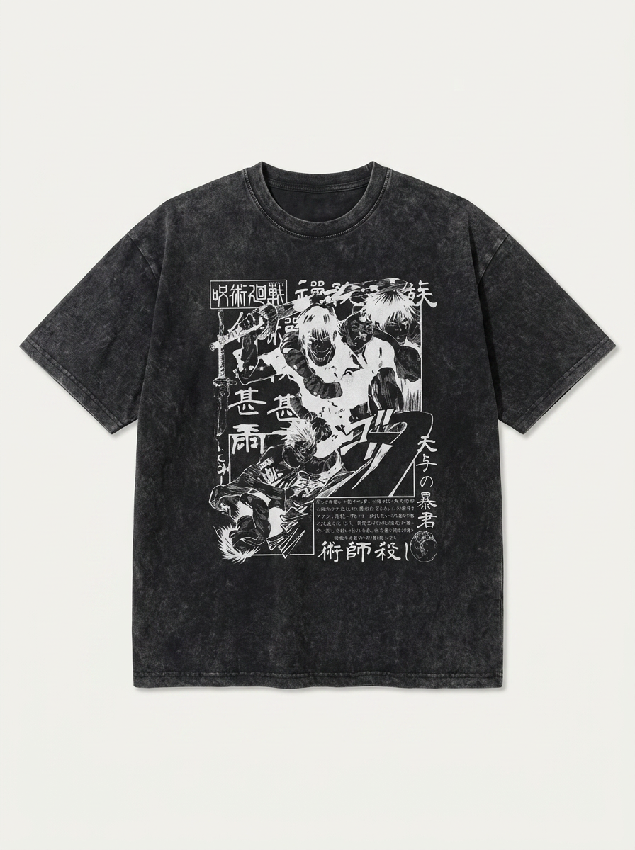 Vintage Washable T-Shirt - Streetwear Anime Graphic flat lay front view — washed black oversized t-shirt | Tempus Arc premium anime streetwear