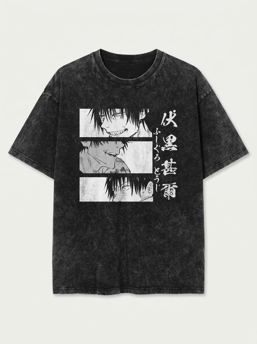 Vintage Washable T-Shirt - Streetwear Anime Graphic flat lay front view — washed black oversized t-shirt | Tempus Arc premium anime streetwear