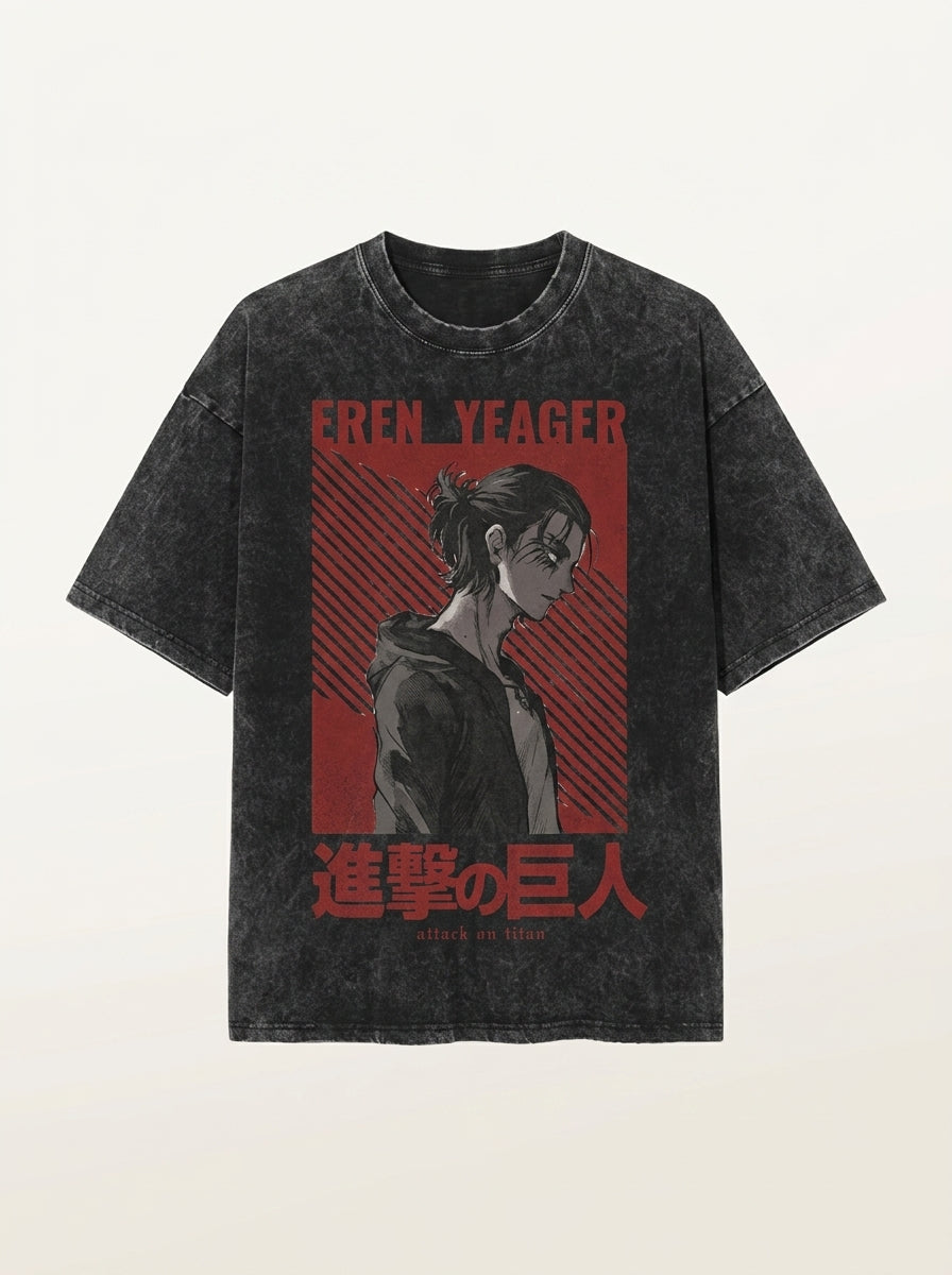 Vintage Washable T-Shirt - Streetwear Anime Graphic flat lay front view — washed black oversized t-shirt | Tempus Arc premium anime streetwear