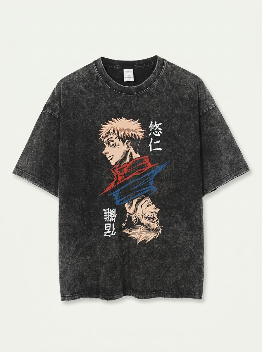 Vintage Washable T-Shirt - Streetwear Anime Graphic flat lay front view — washed black oversized t-shirt | Tempus Arc premium anime streetwear