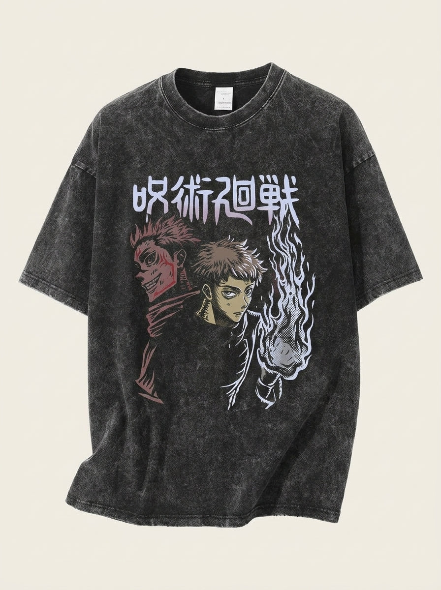 Vintage Washable T-Shirt - Streetwear Anime Graphic angle perspective shot — washed cotton t-shirt | Tempus Arc premium anime streetwear