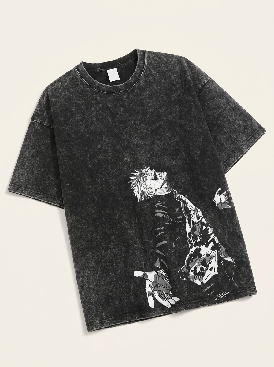 Vintage Washable T-Shirt - Streetwear Anime Graphic angle perspective shot — washed cotton t-shirt | Tempus Arc premium anime streetwear