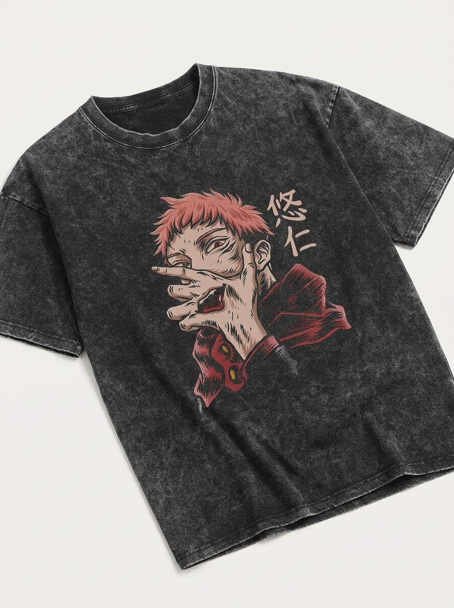 Vintage Washable T-Shirt - Streetwear Anime Graphic angle perspective shot — washed cotton t-shirt | Tempus Arc premium anime streetwear