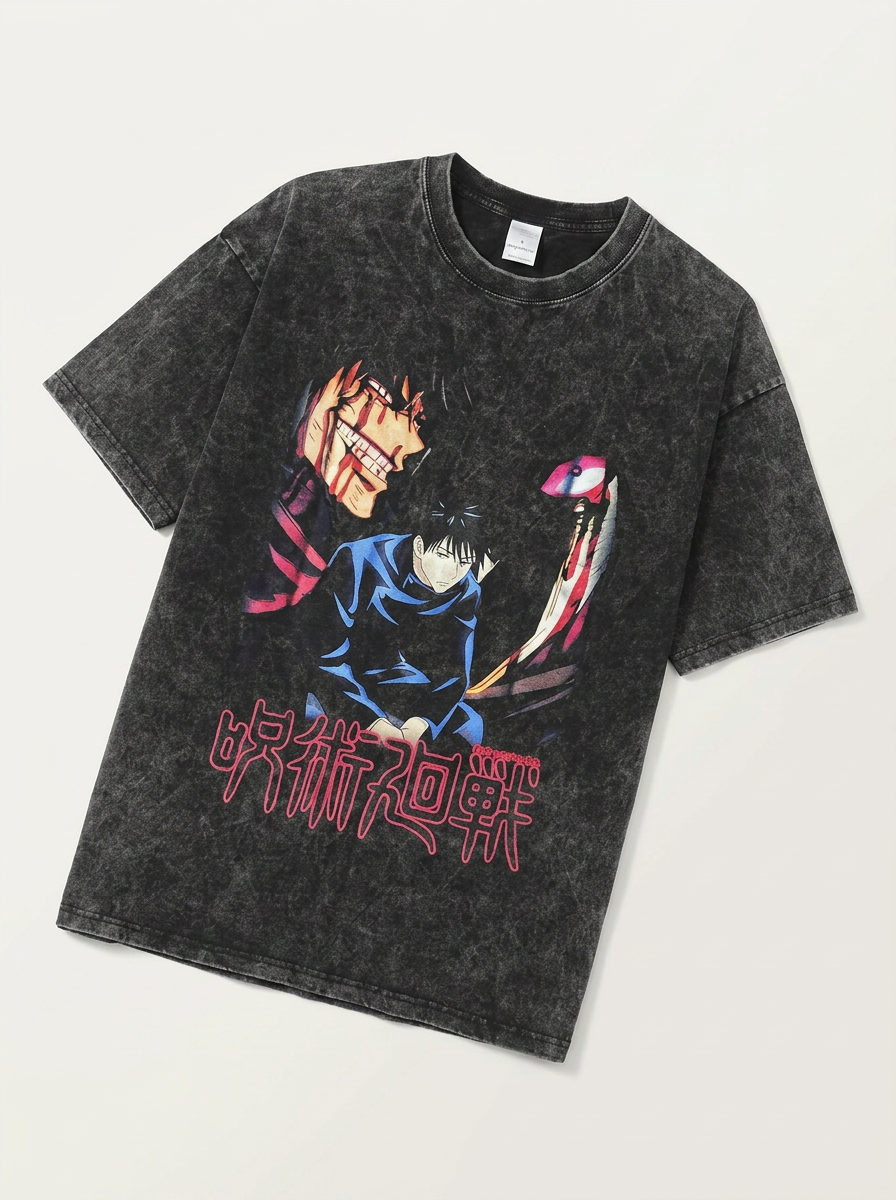 Vintage Washable T-Shirt - Streetwear Anime Graphic angle perspective shot — washed cotton t-shirt | Tempus Arc premium anime streetwear
