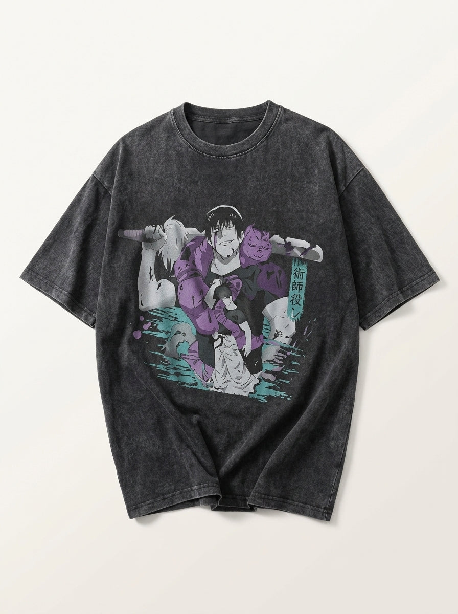 Vintage Washable T-Shirt - Streetwear Anime Graphic angle perspective shot — washed cotton t-shirt | Tempus Arc premium anime streetwear
