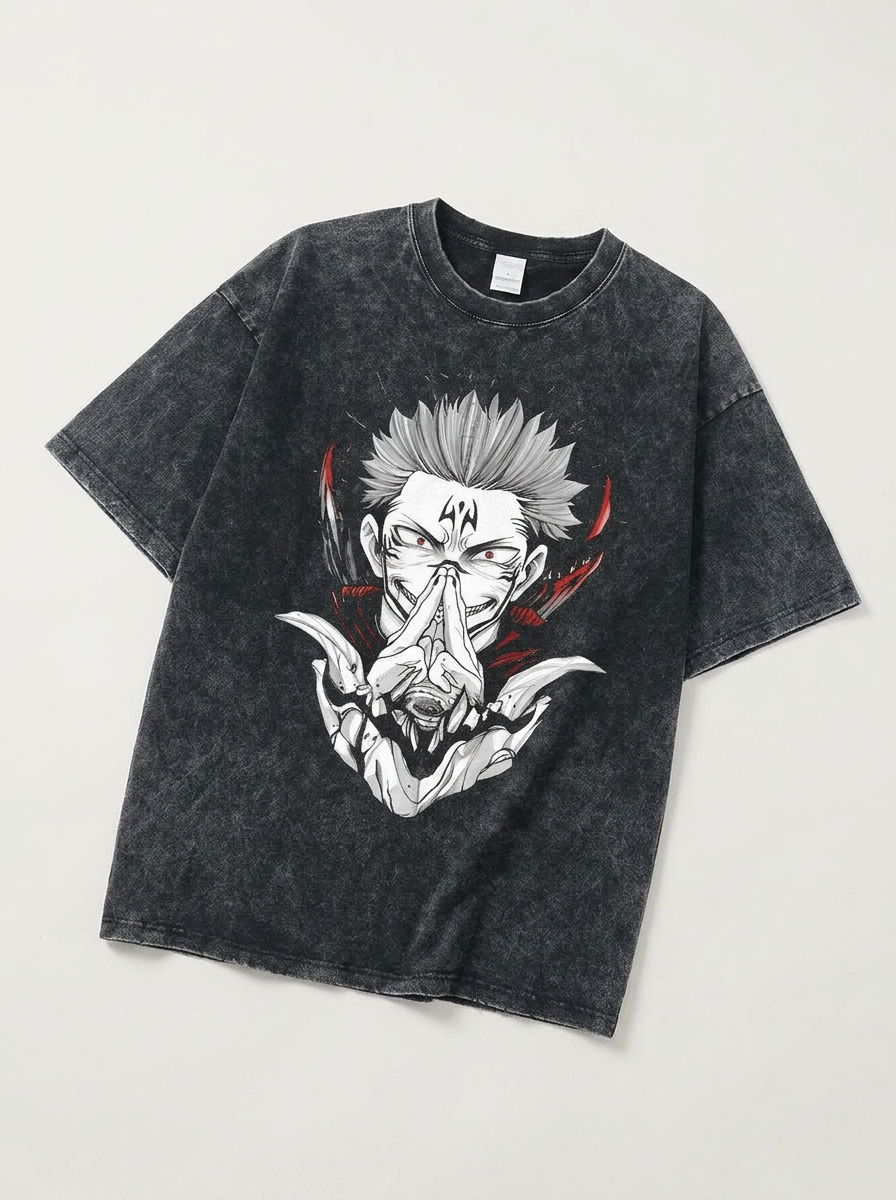 Vintage Washable T-Shirt - Streetwear Anime Graphic angle perspective shot — washed cotton t-shirt | Tempus Arc premium anime streetwear