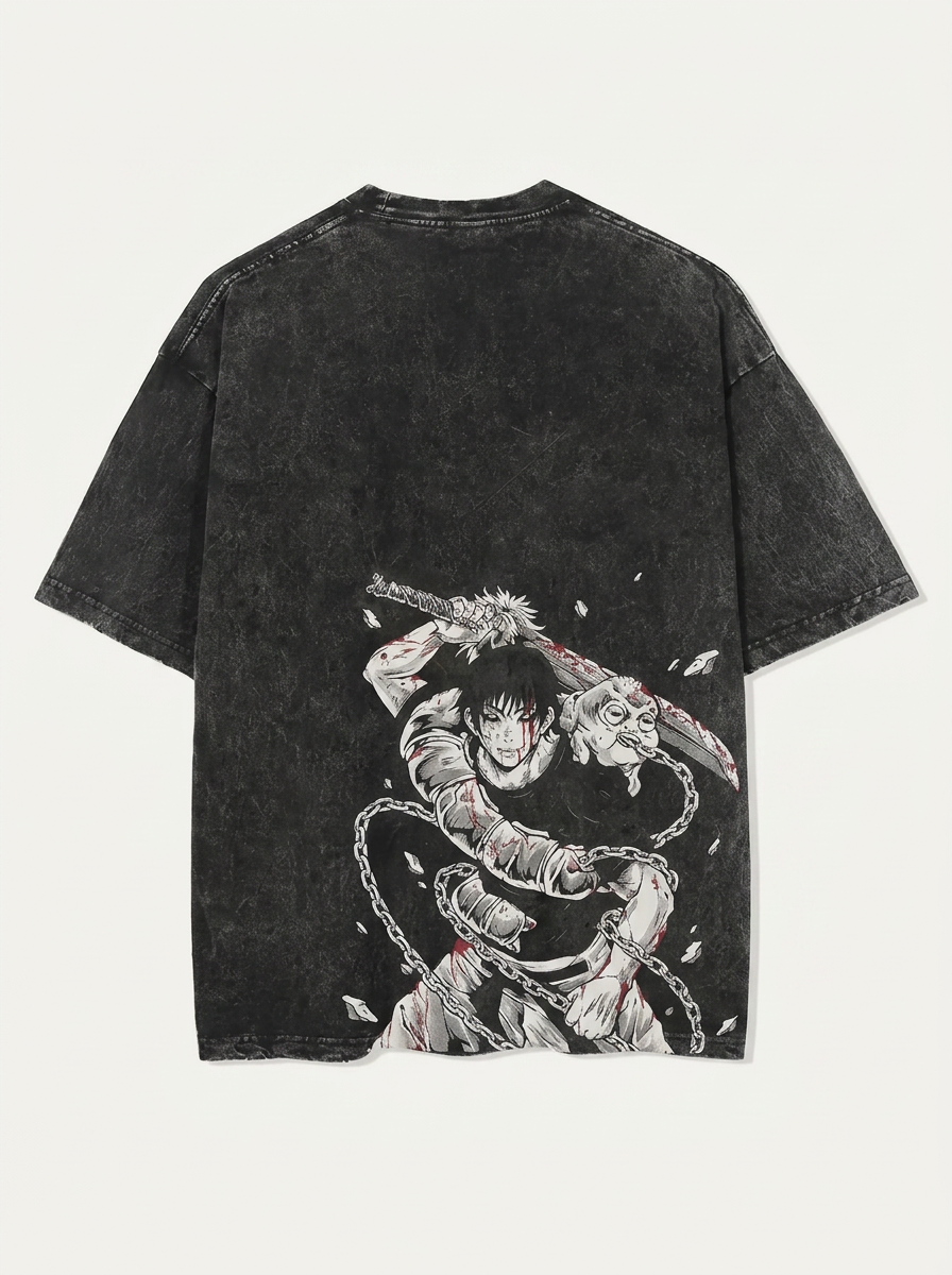 Vintage Washable T-Shirt - Streetwear Anime Graphic angle perspective shot — washed cotton t-shirt | Tempus Arc premium anime streetwear